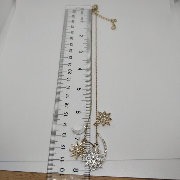 LC Celestial Pendent Necklace Moon Stars Starburst Gold Silver Tone Rhinestones - Picture 5 of 6